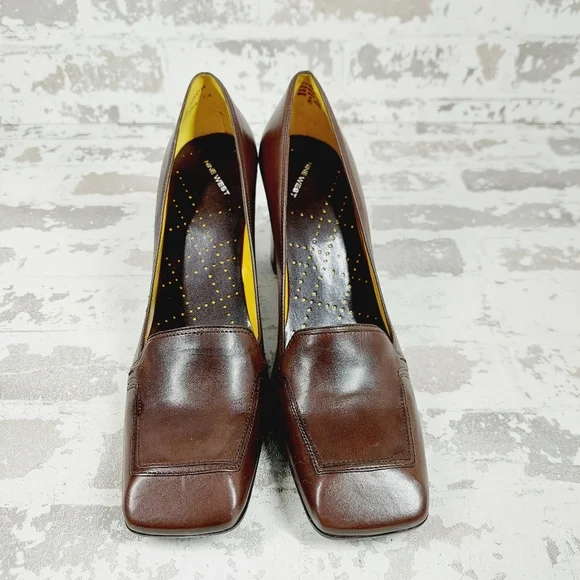 Nine West Nehemy Brown Leather Slip On Square Toe Block Heel shoes - Picture 3 of 12